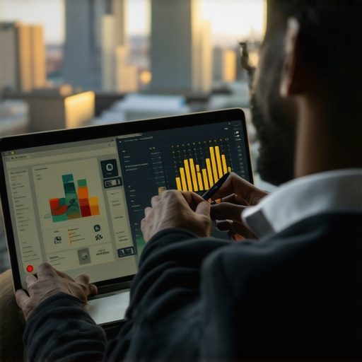 Analyzing Local SEO Data in Pittsburgh A marketer reviewing SEO analytics with Pittsburgh skyline in background