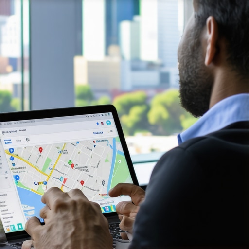 Business owner reviewing Google Maps analytics with Pittsburgh skyline in background