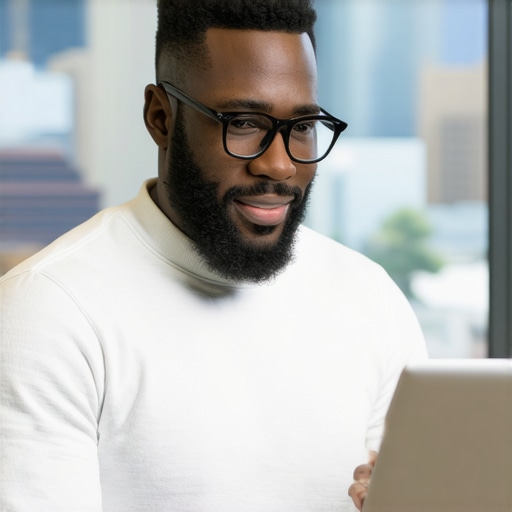A person working on laptop with Pittsburgh cityscape in background, representing local SEO efforts.