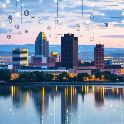 Digital marketing and SEO icons over Pittsburgh skyline