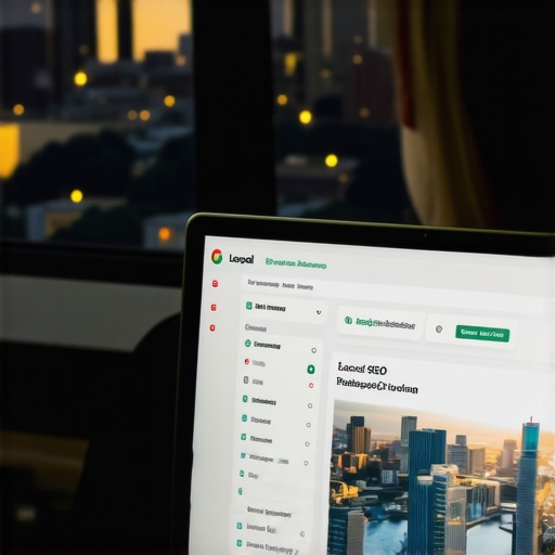 Business owner reviewing local SEO metrics on computer with Pittsburgh skyline