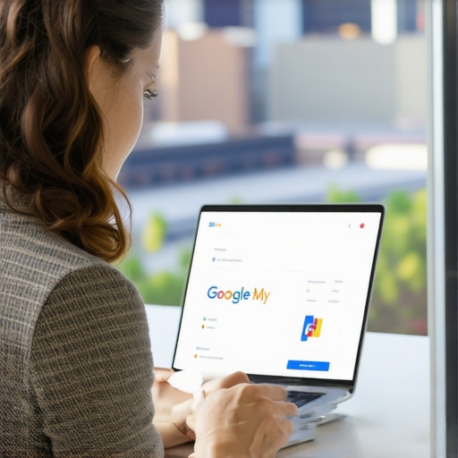 Business owner updating Google My Business profile on a laptop with Pittsburgh skyline