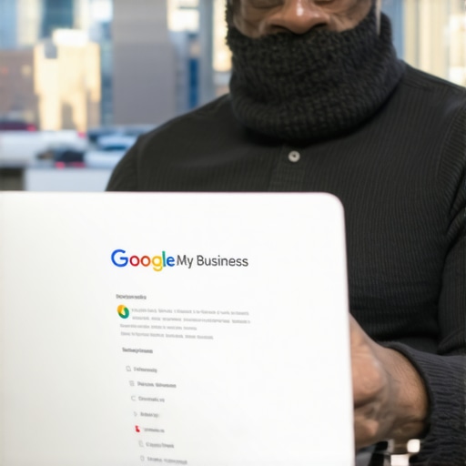 Optimizing Google My Business in Pittsburgh Business owner updating Google My Business profile with Pittsburgh cityscape in background