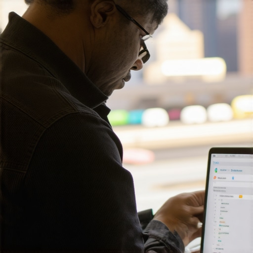 Business owner working on Google My Business profile with Pittsburgh skyline