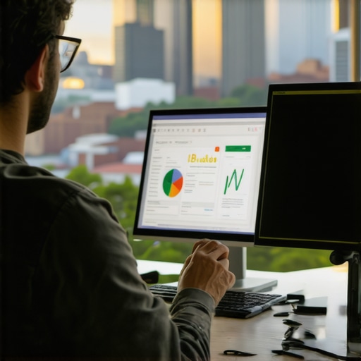 Managing Local SEO Tools in Pittsburgh A person working on local SEO analytics with Pittsburgh cityscape in the background.