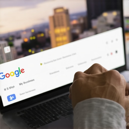 Person editing Google My Business listing on laptop with Pittsburgh skyline in background.