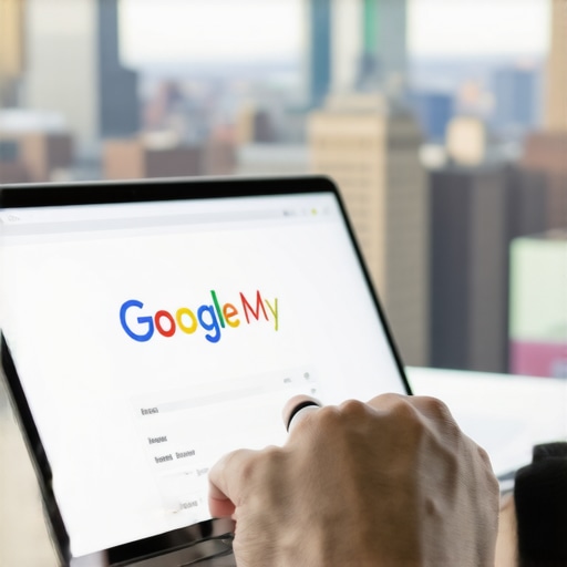 Person updating Google My Business listing on a laptop with Pittsburgh skyline in background.