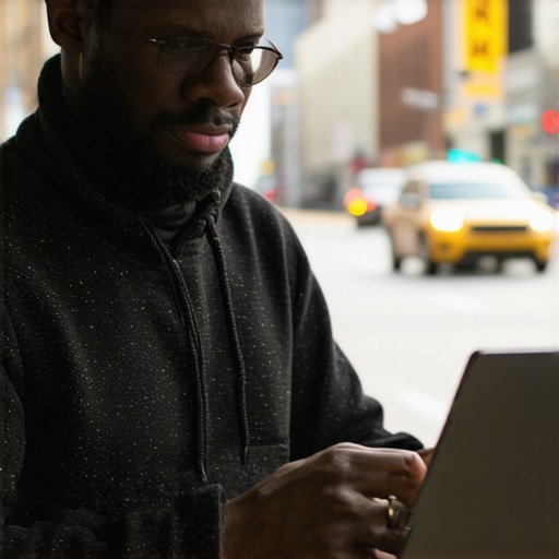 Business owner optimizing Google My Business profile with Pittsburgh cityscape background