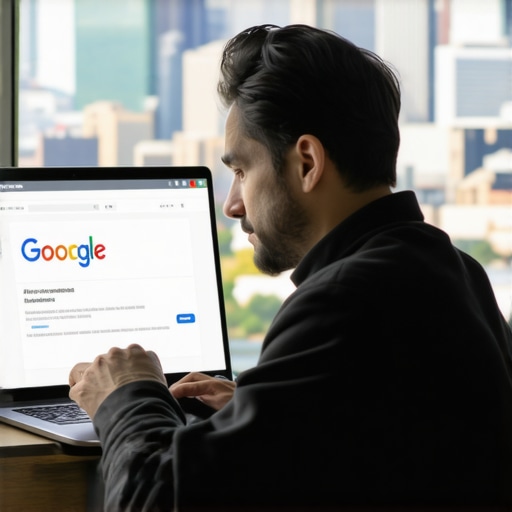 Digital marketer refining Pittsburgh business listing on laptop with city skyline