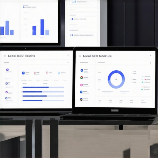 Professional Digital Marketing Desk with SEO Tools Desk setup with analytics dashboards, citation tools, and a laptop, representing local SEO management.