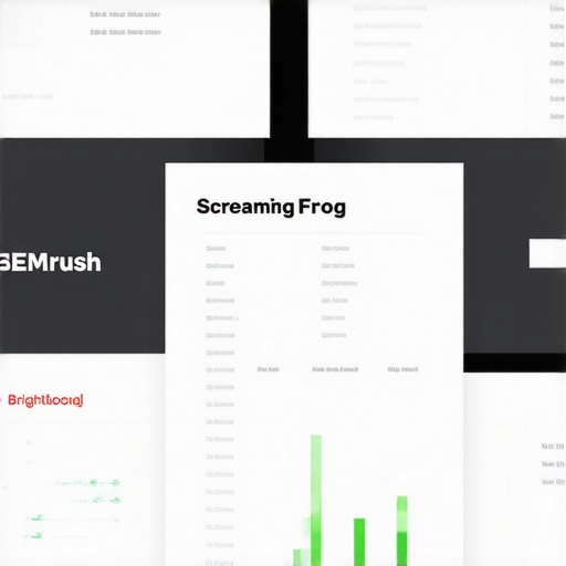 SEO Tools for Pittsburgh Local Business A workspace with computer screens displaying SEO tools like SEMrush, BrightLocal, and Screaming Frog, emphasizing digital marketing for local SEO.