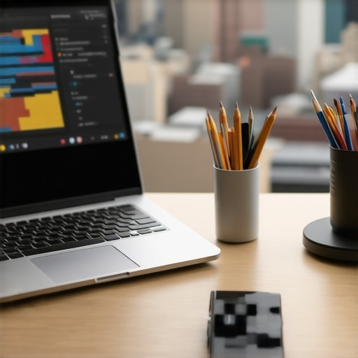 Desk with SEO software interfaces and Pittsburgh skyline