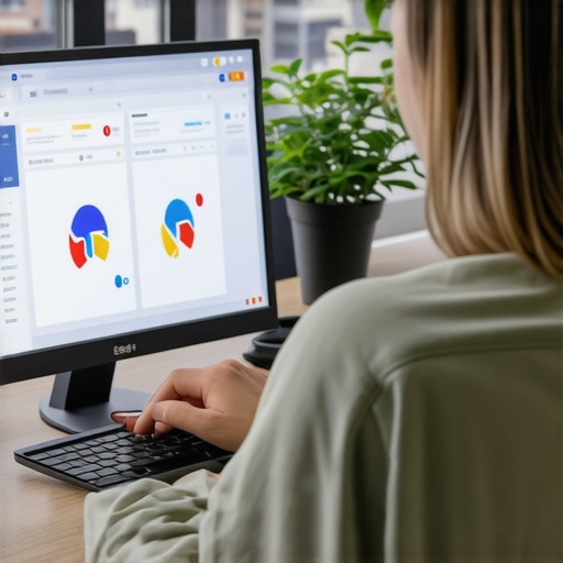 A marketer analyzing Pittsburgh local SEO data on a computer with a city skyline.