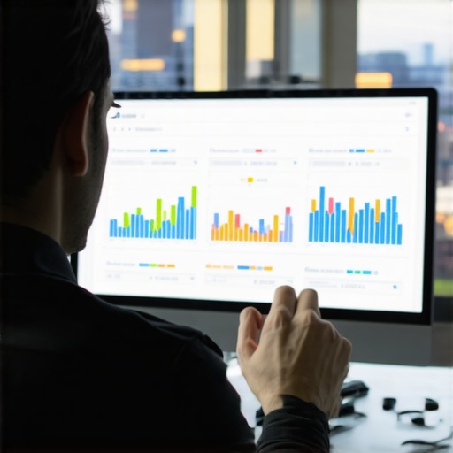 Person reviewing SEO analytics with Pittsburgh city view