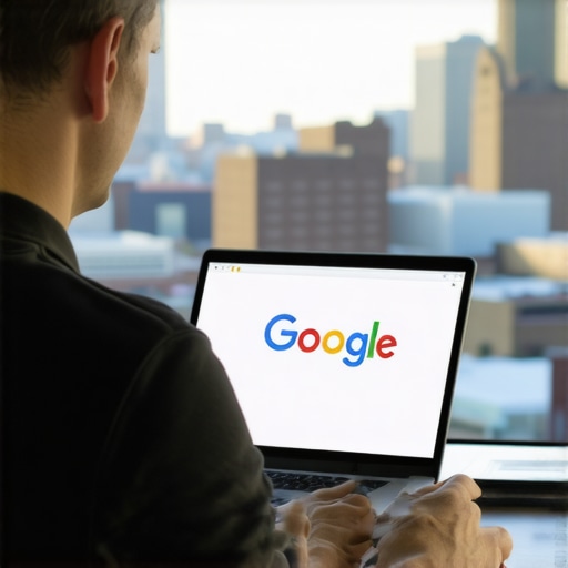 Business owner updating Google My Business profile with Pittsburgh skyline in background.