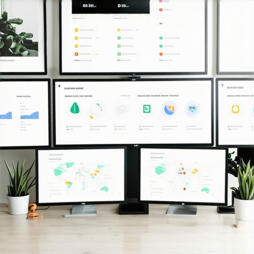 Person analyzing local SEO metrics on multiple monitors in an office.