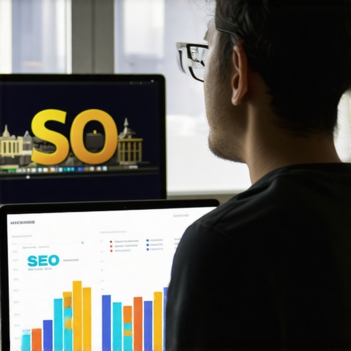 A professional analyzing SEO metrics on screens with Pittsburgh cityscape in the background.