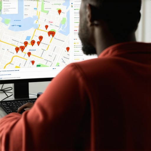 Monitoring Pittsburgh SEO Performance A marketer analyzing local SEO data and Pittsburgh maps on a computer monitor.