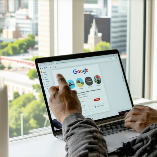 Person analyzing GMB profile on laptop with Pittsburgh landmarks