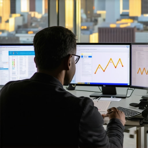 A person working on SEO analytics with Pittsburgh skyline visible behind them.