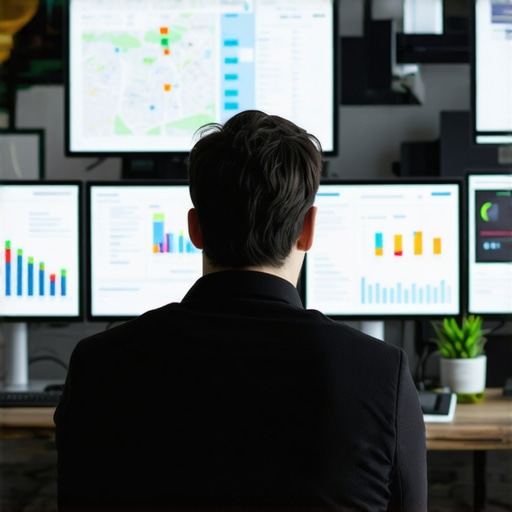 Person analyzing SEO analytics on a computer monitor with maps and graphs