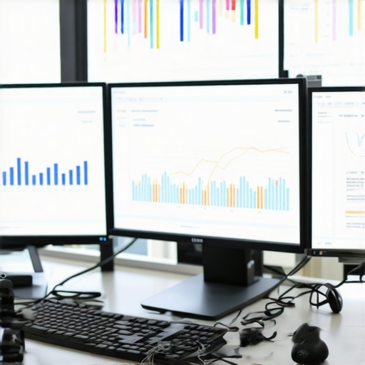 Monitoring Pittsburgh SEO Performance A person analyzing SEO data on multiple monitors, emphasizing local Pittsburgh rankings