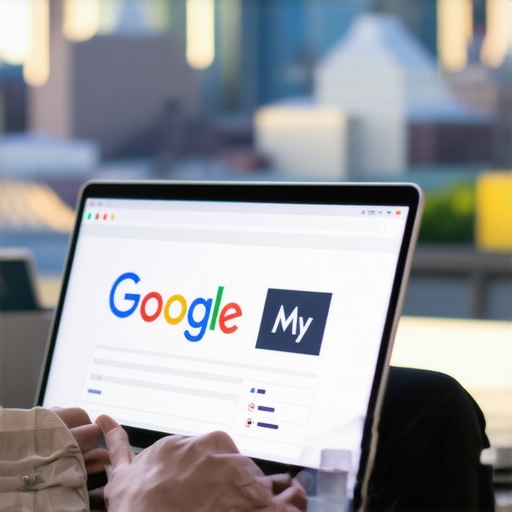 Person editing a Google My Business profile on a laptop with Pittsburgh landmarks
